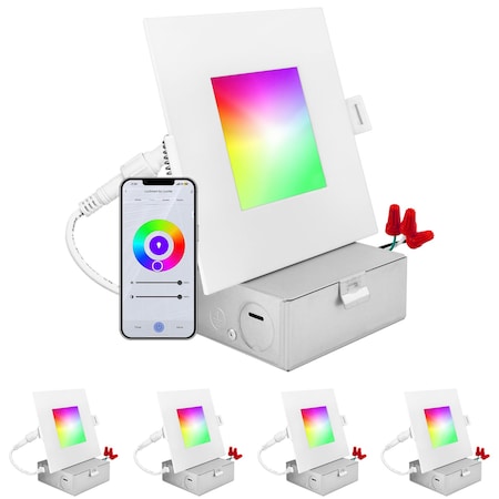 Luxrite 4 Inch Square Smart LED Recessed Lights RGBW Wifi App and Voice 10.5W 700LM No Hub Required, 4PK LR22742-4PK